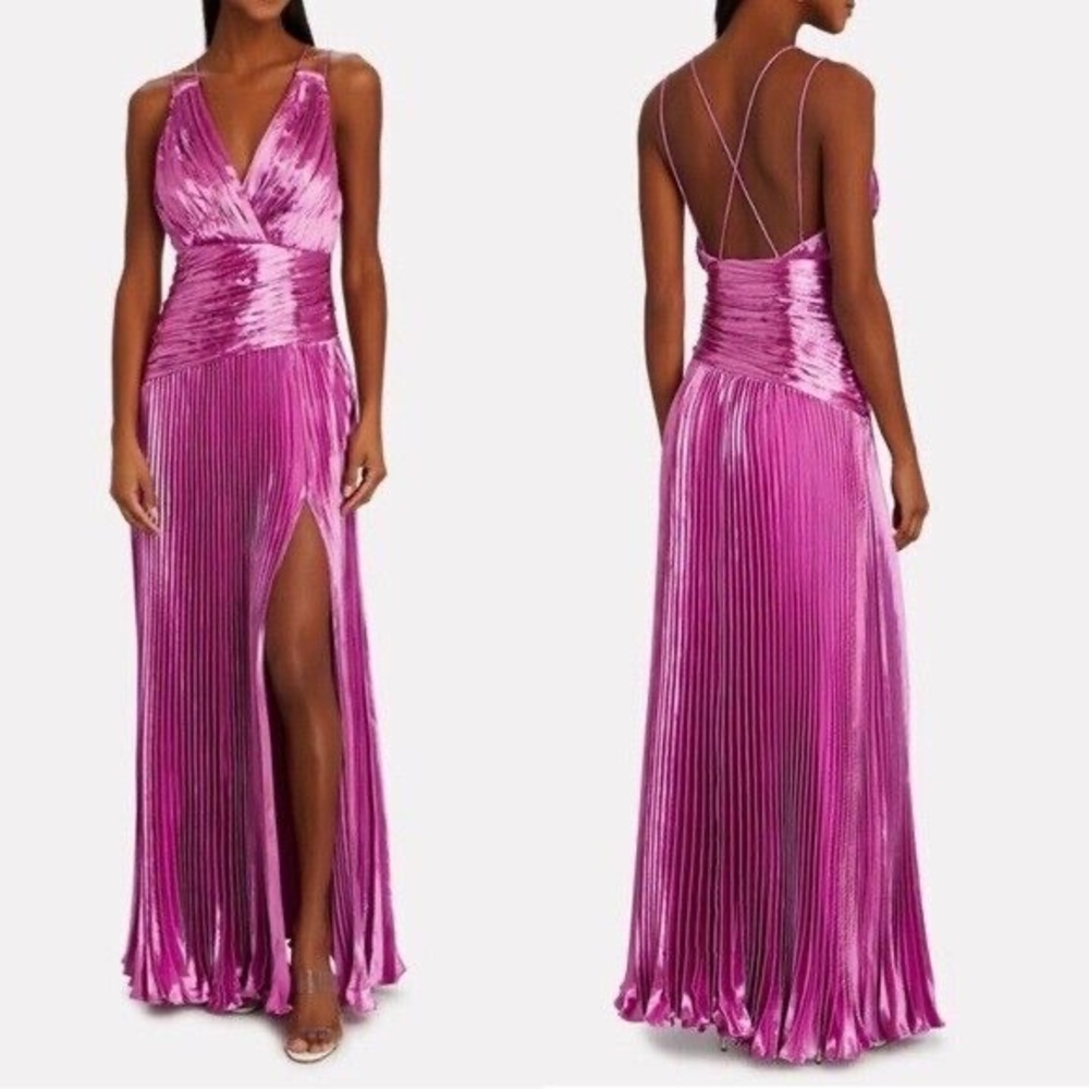 AiiFOS Vera Pleated Metallic Gown 8 Pink Magenta Plisse Ruched Slit NWT